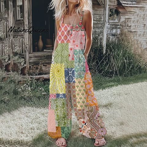 Women's Floral Patchwork Linen Print Cotton Linen Jumpsuit