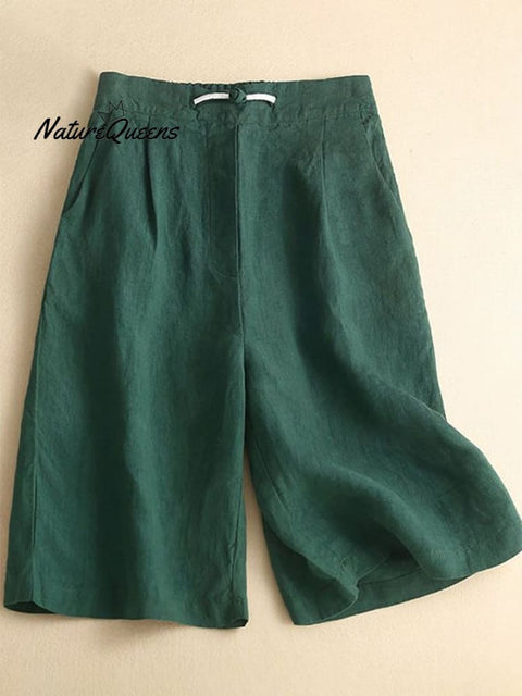 Loose Casual Cotton Linen Wide Leg Capris Green / S