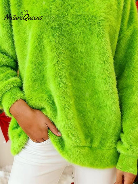 Women's Christmas Green Plush Sweatshirt