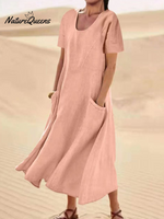 Jfn Cotton & Linen Solid Color Loose Casual Pocket Dress Pink / S(6 - 8)