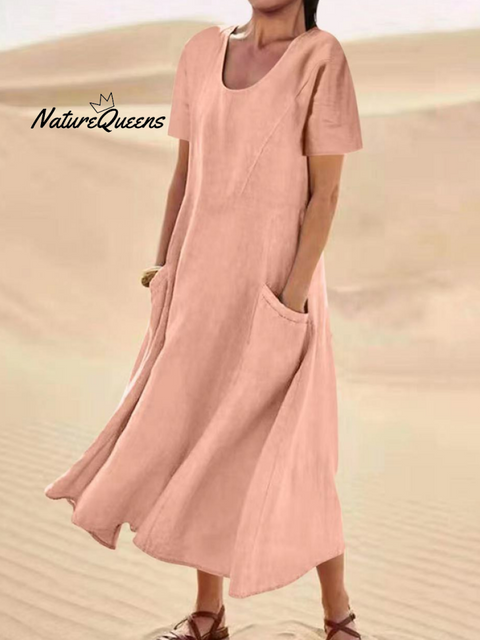 Jfn Cotton & Linen Solid Color Loose Casual Pocket Dress Pink / S(6 - 8)