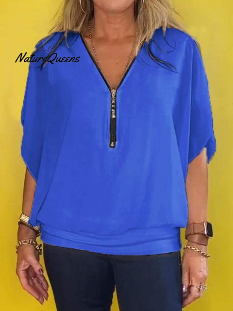 Chiffon Half-zip Short-sleeved Casual Top(buy 2 free shipping)