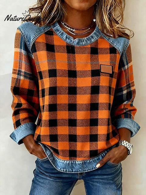 Women'S Casual Round Neck Denim Patchwork Plaid Print Pullover Sweatshirt