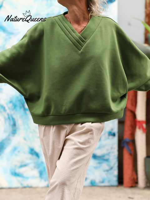 Women's Pleated V-neck Loose Cotton Sweatshirt Top