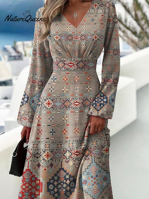Women's Autumn Casual V-Neck Printed Long Sleeve Dress