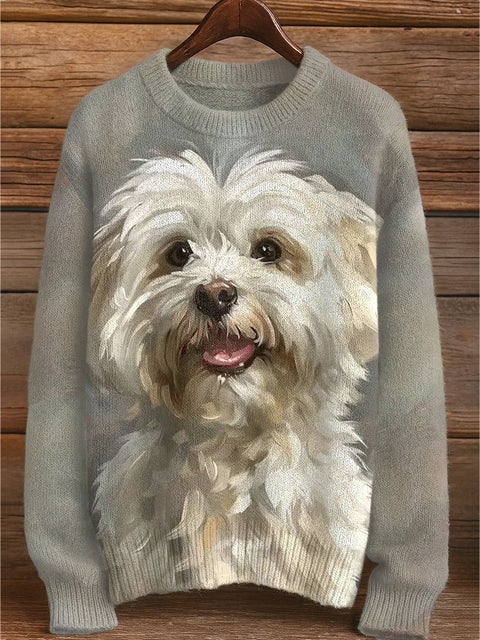 Women's Cute Dog Art Print Knitted Sweater