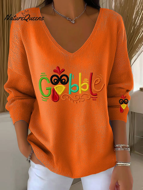 Women's Gobble Turkey Print Long Sleeve Top