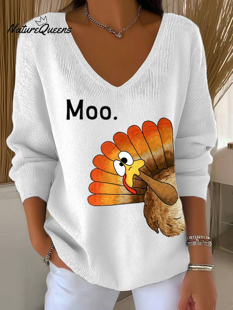 Women's Thanksgiving Turkey Moo Print Knit Top