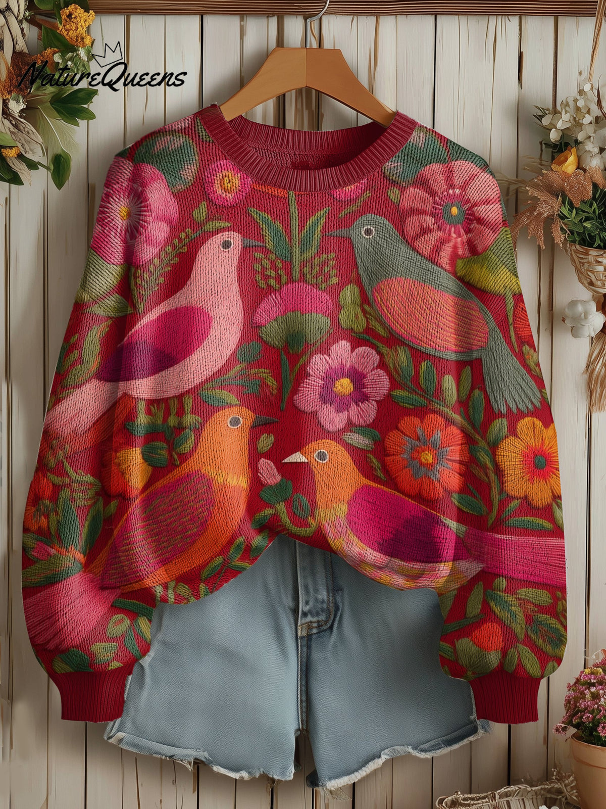 Natural bird embroidery print Art Sweater