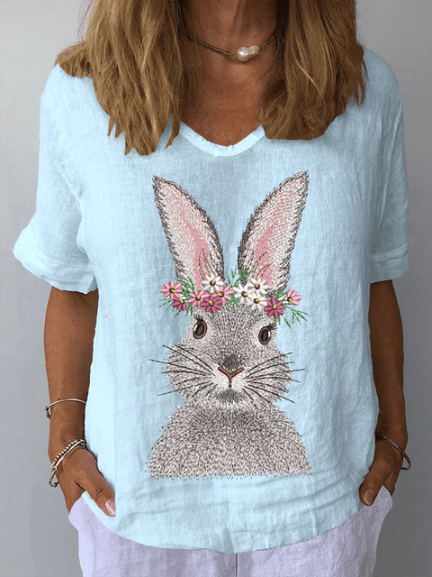 Women's Easter Bunny Print Casual V-Neck Top