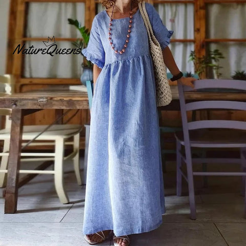 Women's Solid Color Lace Cotton Linen Midi Dress