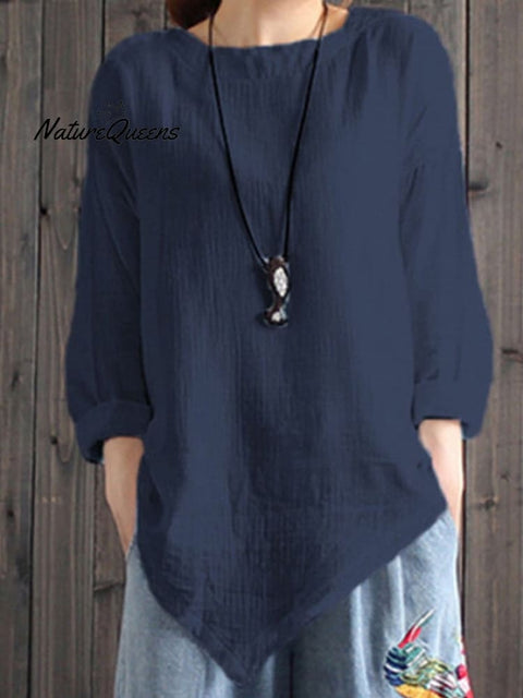 Ladies Cotton Linen Irregular Hem Shirt