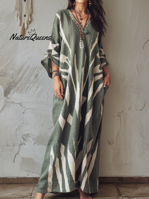 Linen Printed Kaftan Maxi Dress