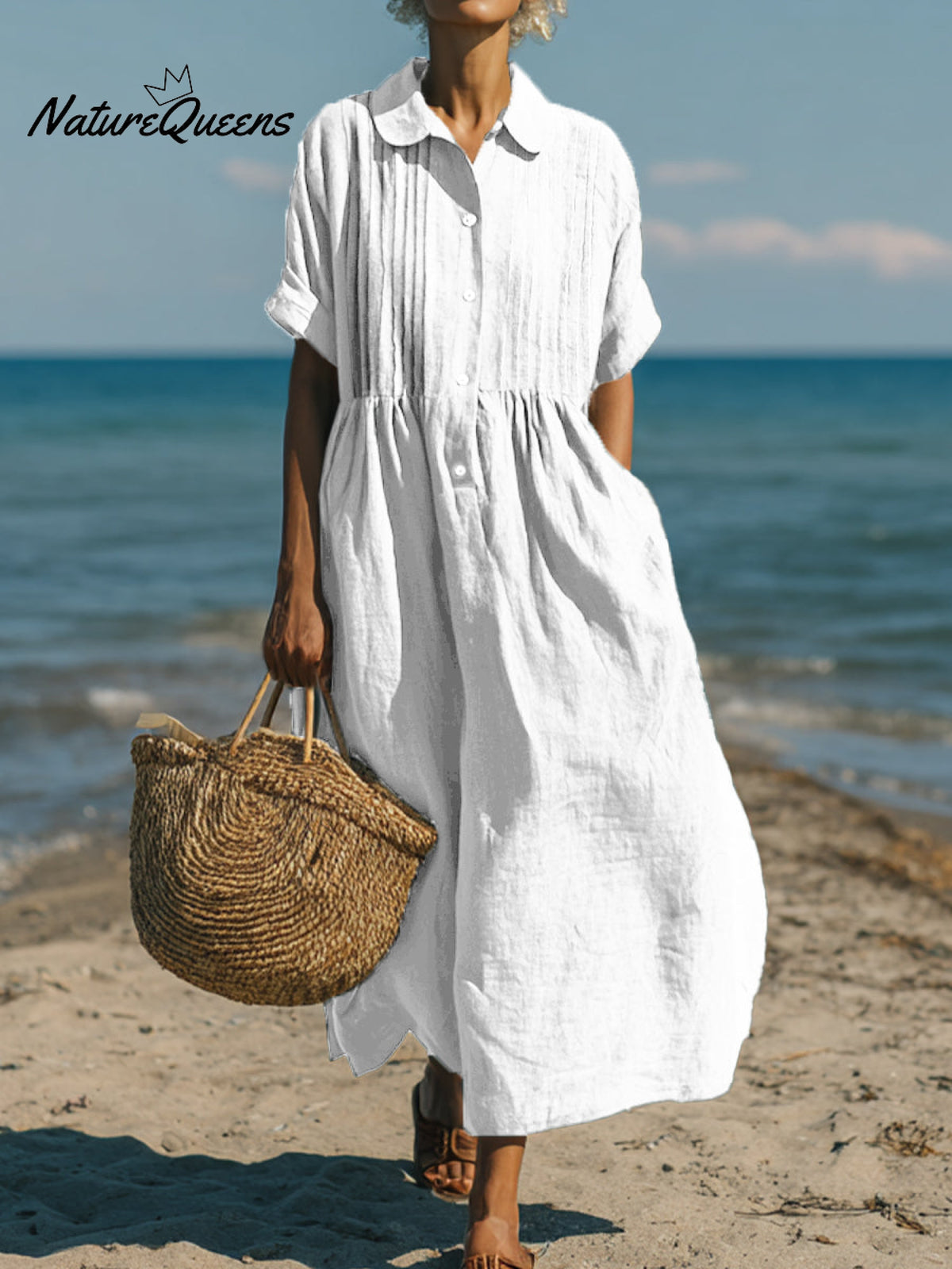 Women's Casual Cotton and Linen Peter Pan Collar Short Sleeve Dress