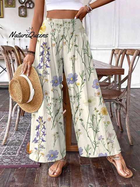 Women's Simple Elegant Floral Print Pattern Cotton Wide Leg Pants