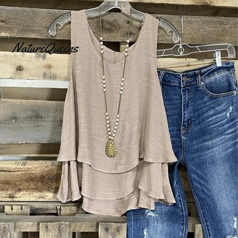 Light Brown Triple Tiered Boho Tank Top / S