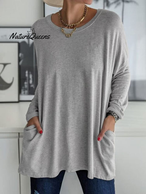 Casual Crew Neck With Pockets Loose Long Sleeve Blouse Gray / S