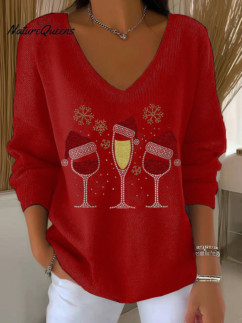 Women's Christmas Red Wine Glass Print V Neck Sweater