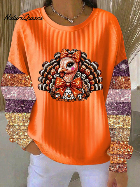 Women's Thankful Print Knitted Crew Neck Long Sleeve Top