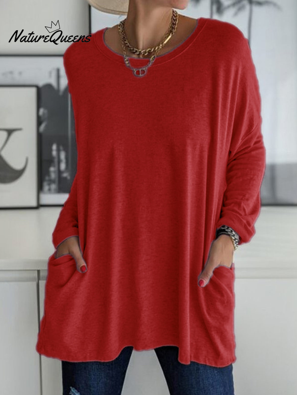 Casual Crew Neck With Pockets Loose Long Sleeve Blouse Red / S