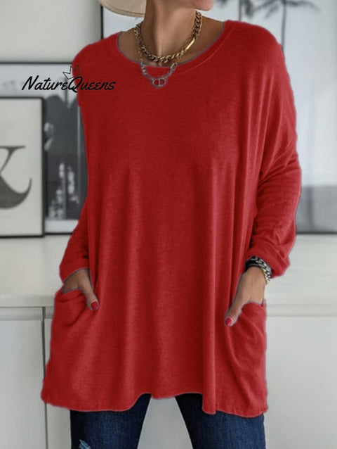 Casual Crew Neck With Pockets Loose Long Sleeve Blouse Red / S