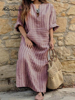 Ladies Cotton And Linen Yarn - Dyed Striped Loose Dress Coral / S