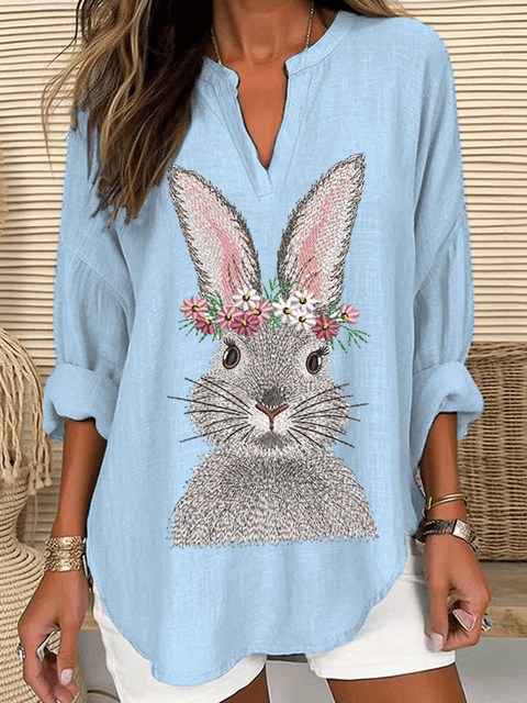 Women's Easter Cute Bunny Print Casual Long Sleeve V-Neck Shirt