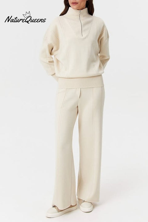 Women's casual, simple and fashionable zipper lapel two-piece set