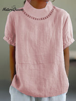 Solid Color Cotton And Linen Top Pink / S