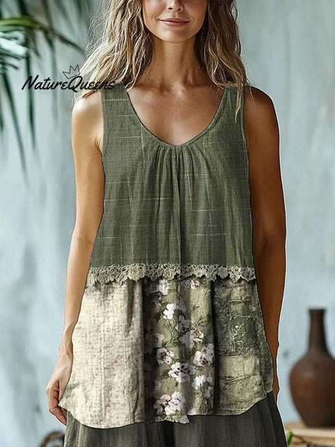 Elegant Lace Patchwork Art Linen Blend Tank Top