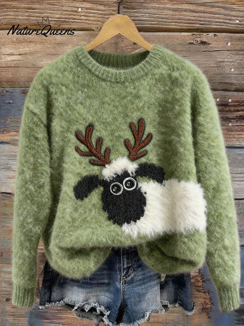 Christmas Farm Sheep With Reindeer Horns Cozy Sweater