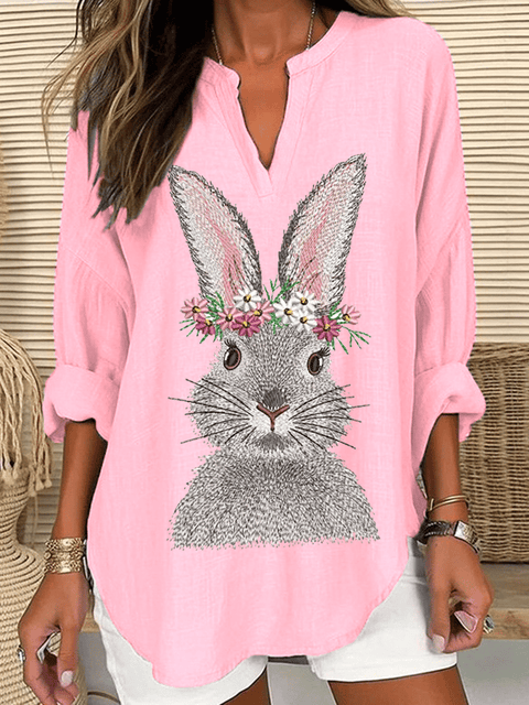 Women's Easter Cute Bunny Print Casual Long Sleeve V-Neck Shirt