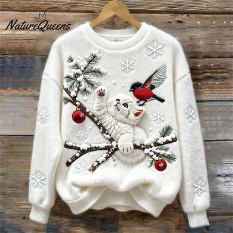 Christmas Cat & Bird Embroidered Women's Soft Plush Sweater