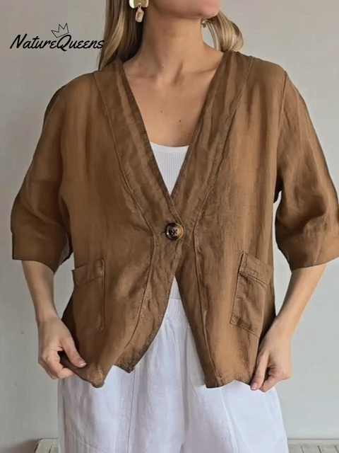 Women's Loose V-neck Button-down Linen Cardigan Top