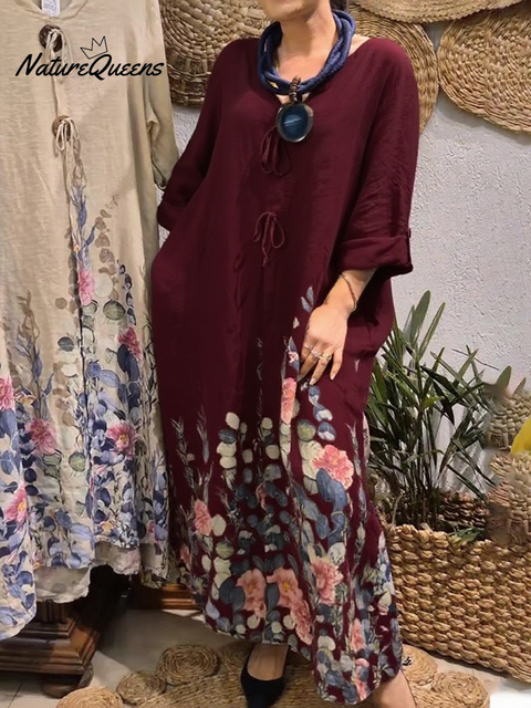 Women's Flower Bouquet Print Loose Linen Dress
