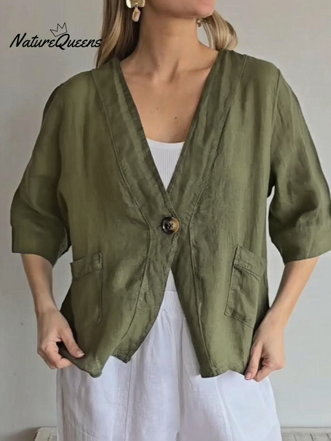 Women's Loose V-neck Button-down Linen Cardigan Top
