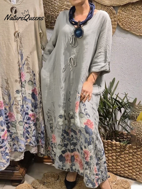 Women's Flower Bouquet Print Loose Linen Dress
