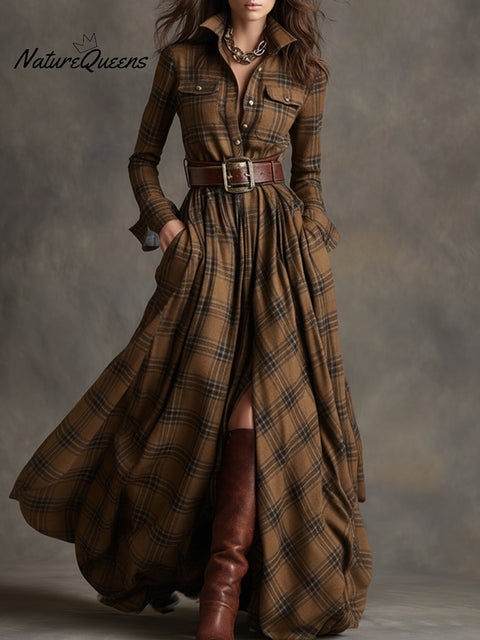 Retro Ethnic Style Lapel Reddish Brown Plaid Maxi Dress