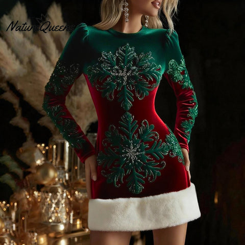 Women's Christmas Snowflakes Art Fur Trim Sweater Midi Dress