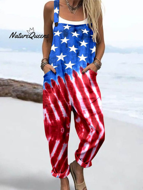 Wome'S American Flag Tie Dye Print Casual Cotton Wide Leg Jumpsuit