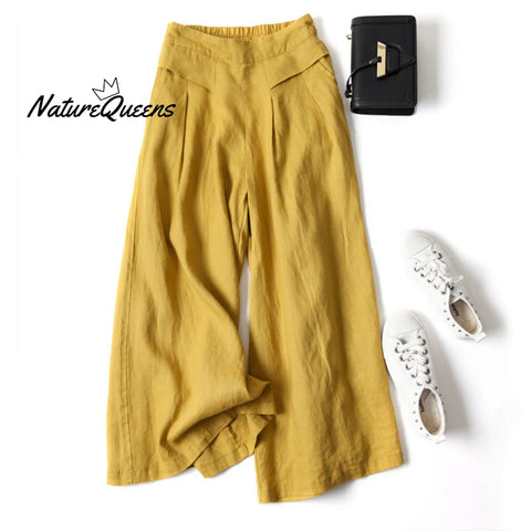 Cotton Linen Loose Semi - Elastic Cropped Pants Yellow / S