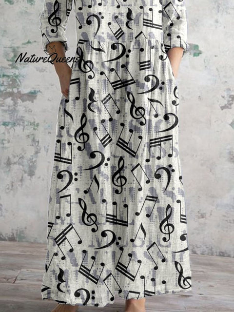 Women's Elegant Art Note Pattern Cotton and Linen Dress with Pockets