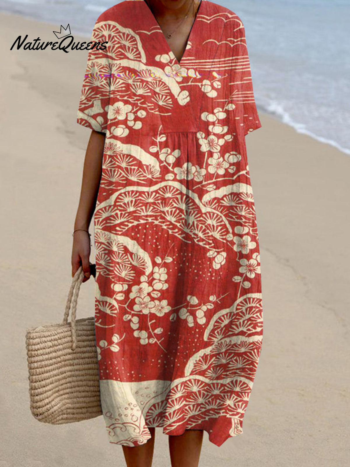 Japanese Art Plum Blossom Printed V Neck Casual Midi Dress