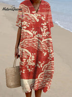 Japanese Art Plum Blossom Printed V Neck Casual Midi Dress