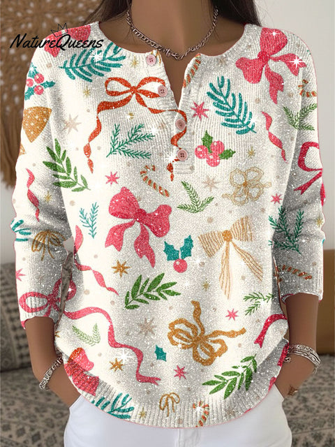 Christmas Tree Bow Tie Pattern Print Henley Neck Sparkling Sequin Sweater