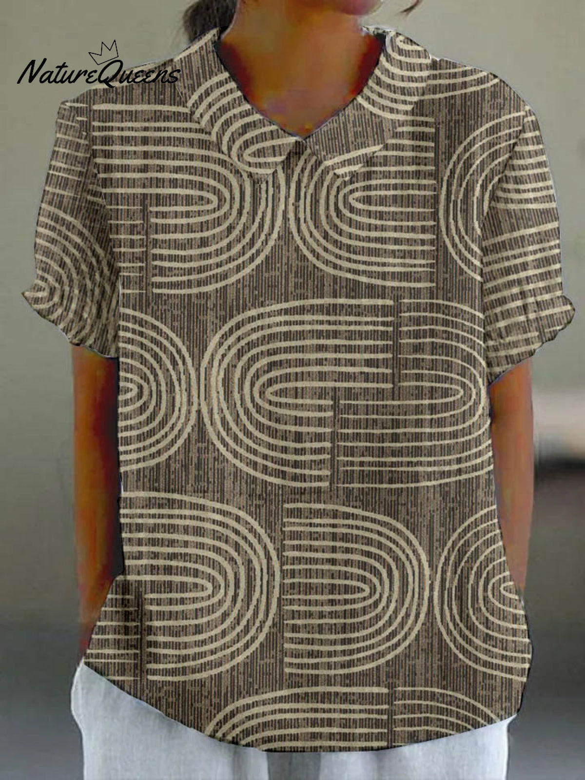 Women'S Line Art Pattern Casual Cotton And Linen Short Sleeve Shirt