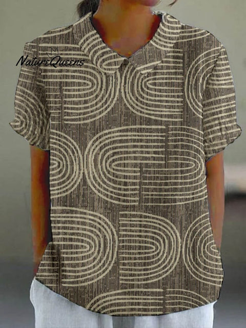 Women'S Line Art Pattern Casual Cotton And Linen Short Sleeve Shirt