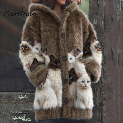 Classy Fuzzy Cats Art Cozy Knit Hooded Cardigan