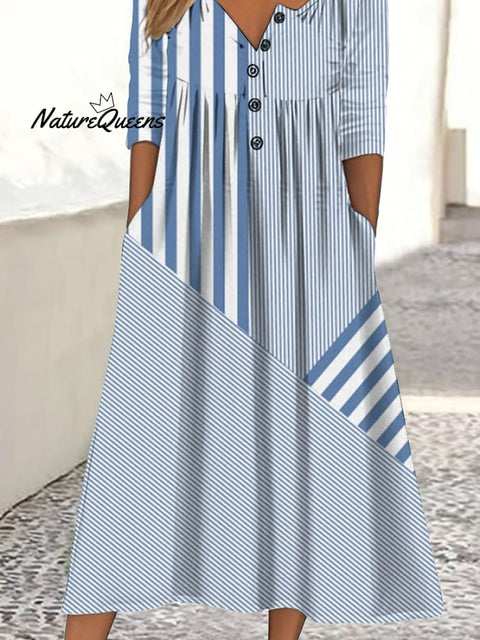 Women's Casual Button Collar Contrast Geometric Pattern Print Dress