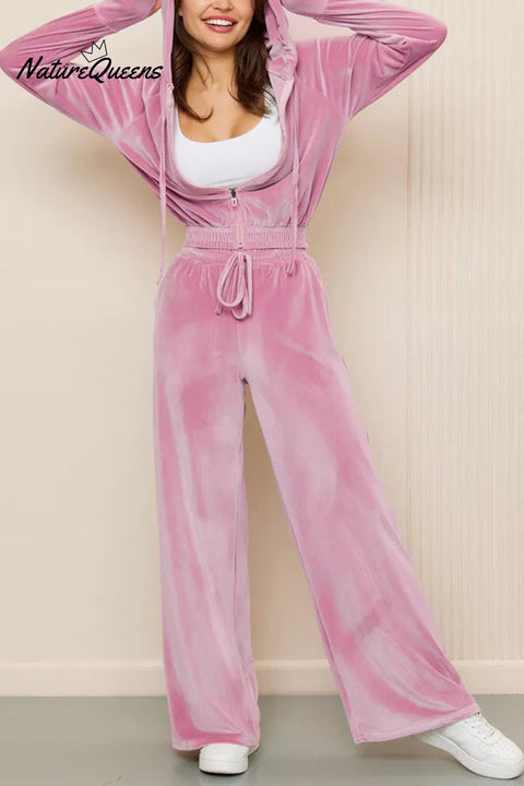 Solid Color Velvet Hooded Zip-up Sweatshirt and Elastic Waist Casual Pocket Straight-leg Pants Set